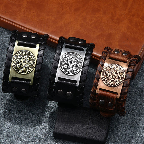 Handmade Hiphop Retro Amulet Bracelet Genuine Leather With Flower Pattern And Electroplating Treatment