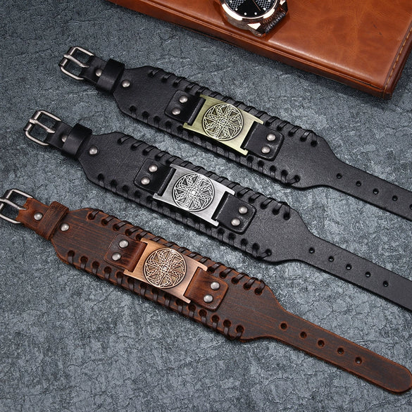 Handmade Hiphop Retro Amulet Bracelet Genuine Leather With Flower Pattern And Electroplating Treatment
