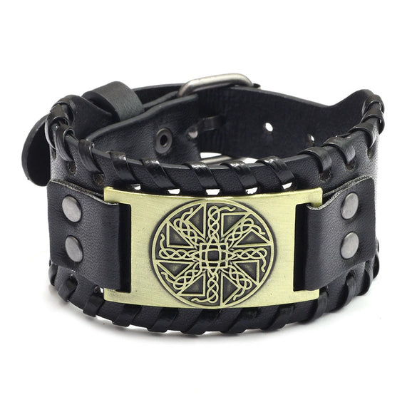 Handmade Hiphop Retro Amulet Bracelet Genuine Leather With Flower Pattern And Electroplating Treatment
