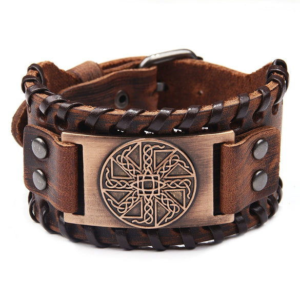 Handmade Hiphop Retro Amulet Bracelet Genuine Leather With Flower Pattern And Electroplating Treatment