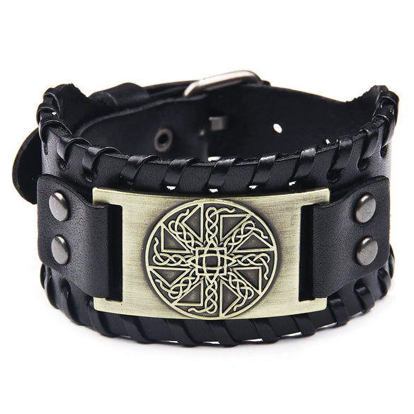 Handmade Hiphop Retro Amulet Bracelet Genuine Leather With Flower Pattern And Electroplating Treatment