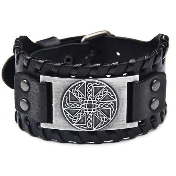 Handmade Hiphop Retro Amulet Bracelet Genuine Leather With Flower Pattern And Electroplating Treatment