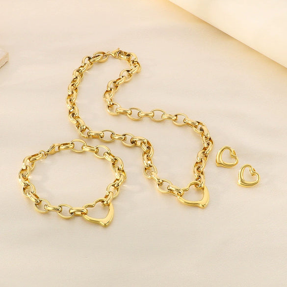 Handmade Hollow Love Pattern Stainless Steel And Titanium Steel Necklace Earrings Bracelet Three Piece Jewelry