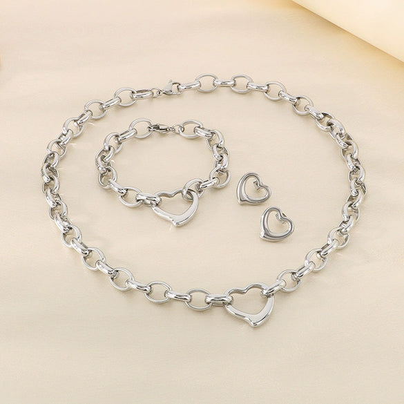 Handmade Hollow Love Pattern Stainless Steel And Titanium Steel Necklace Earrings Bracelet Three Piece Jewelry