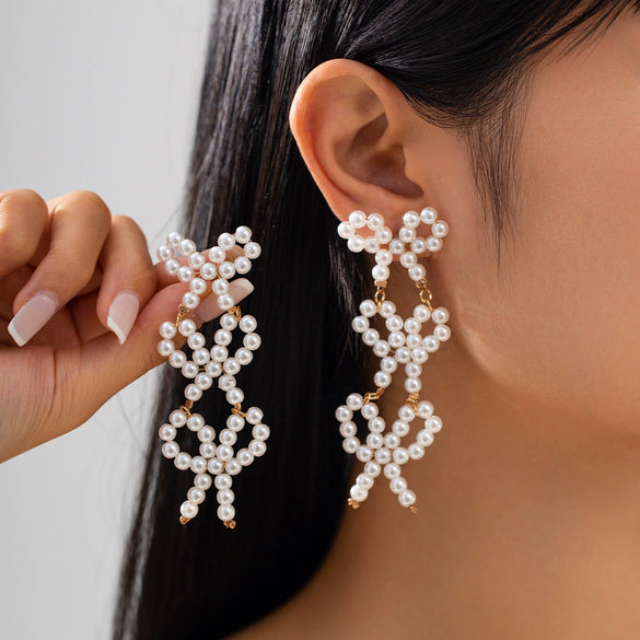 Handmade Imitation Pearl Bow Geometric Earrings For Women