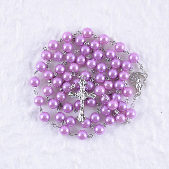 Handmade Imitation Pearl Cross Rosary Long Necklace Unisex Textured Tassel Sweater Chain Alloy Electroplated Geometric