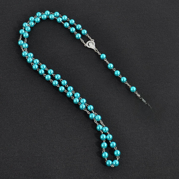 Handmade Imitation Pearl Cross Rosary Long Necklace Unisex Textured Tassel Sweater Chain Alloy Electroplated Geometric
