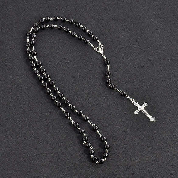 Handmade Imitation Pearl Cross Rosary Long Necklace Unisex Textured Tassel Sweater Chain Alloy Electroplated Geometric