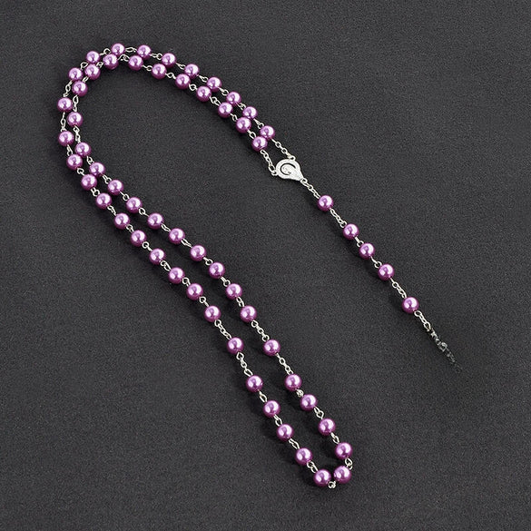 Handmade Imitation Pearl Cross Rosary Long Necklace Unisex Textured Tassel Sweater Chain Alloy Electroplated Geometric