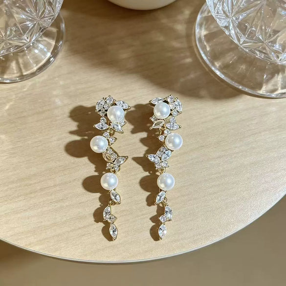 Handmade Imitation Pearl Tassel Earrings For Women Sweet Geometric Design With Steel Ear Needles