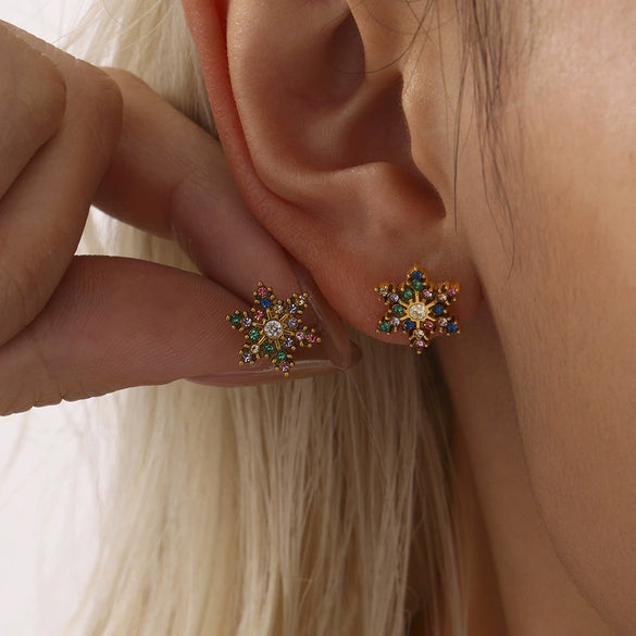 Handmade Inlaid Snowflake Zircon Titanium Steel Earrings With Pvd Plating And Geometric Styling For Women