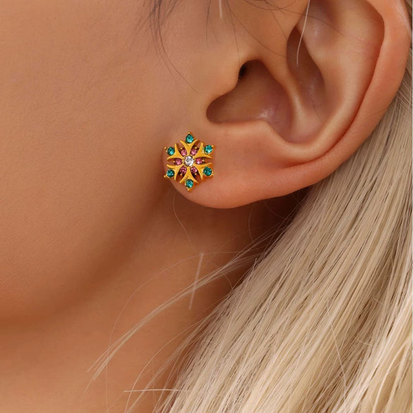 Handmade Inlaid Zircon Snowflake Women's Niche Fashion Stainless Steel 18K Gold Plated Geometric Earrings