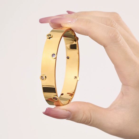 Handmade Inlaid Zircon Stainless Steel Geometric Style Electroplated Bracelet