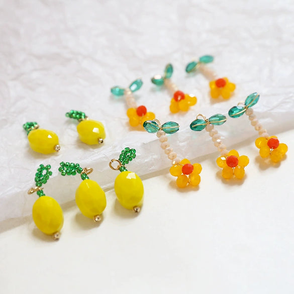 Handmade Jewelry Accessories Material Beaded Crystal Woven Flower Lemon Pendant With Lines Pattern