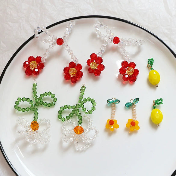Handmade Jewelry Accessories Material Beaded Crystal Woven Flower Lemon Pendant With Lines Pattern