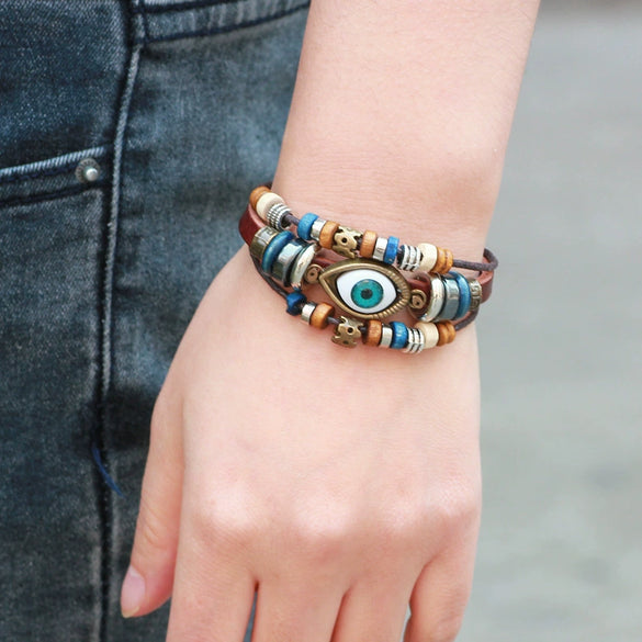 Handmade Leather Beaded Jewelry Bracelet With Animal Zodiac Pattern For Men