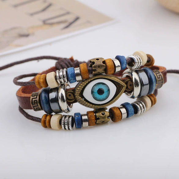 Handmade Leather Beaded Jewelry Bracelet With Animal Zodiac Pattern For Men