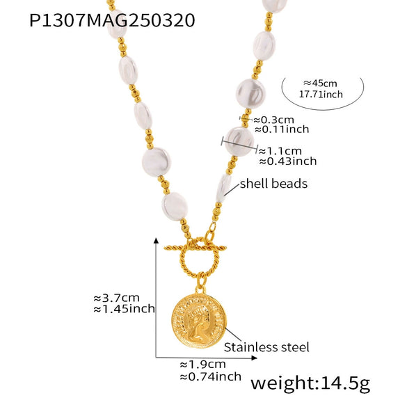 Handmade Long Necklace With Stainless Steel Ot Buckle Elizabeth Figure Cut Out Flower Steel Ball Shell Beads Titanium Steel Pendant Geometric Shape Electroplating