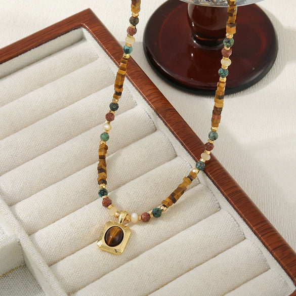 Handmade Medieval Maillard Style Geometric Tiger Eye Stone African Pine Shell Gold Sand Stone Copper Pendant Necklace For Women