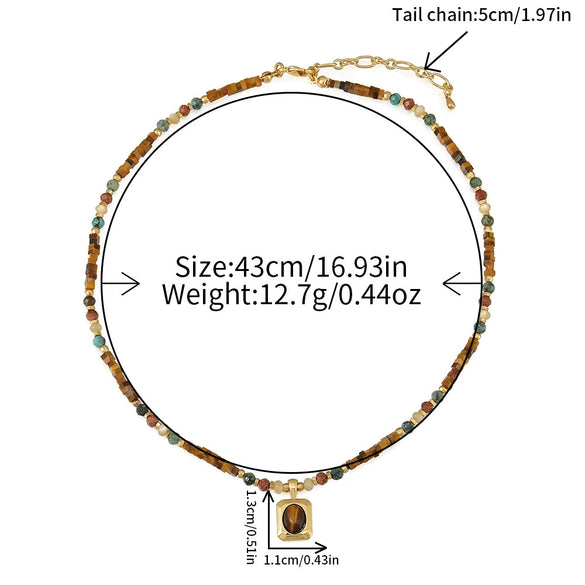 Handmade Medieval Maillard Style Geometric Tiger Eye Stone African Pine Shell Gold Sand Stone Copper Pendant Necklace For Women