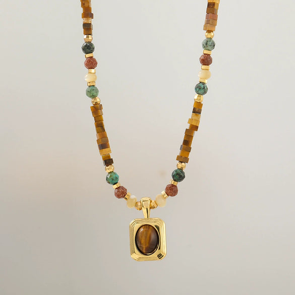 Handmade Medieval Maillard Style Geometric Tiger Eye Stone African Pine Shell Gold Sand Stone Copper Pendant Necklace For Women