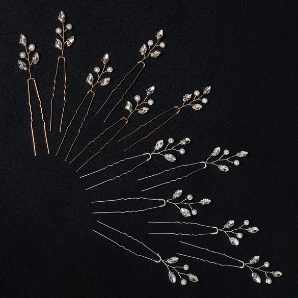 Handmade Metal Leaf And Petal Rhinestone Hairpin With Pearl Detail Gold Antique Finish Ushaped Bridal Hair Accessory