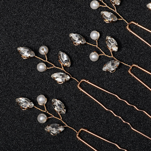 Handmade Metal Leaf And Petal Rhinestone Hairpin With Pearl Detail Gold Antique Finish Ushaped Bridal Hair Accessory
