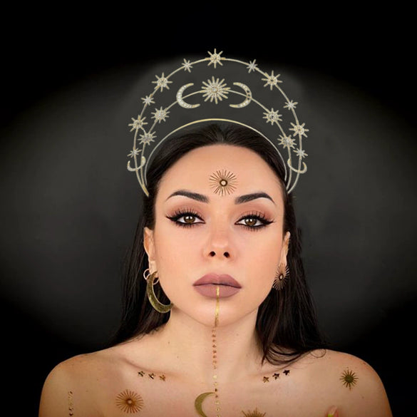 Handmade Metal Star Moon Crown Headband And Long Earrings For Women