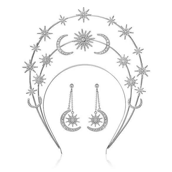 Handmade Metal Star Moon Crown Headband And Long Earrings For Women