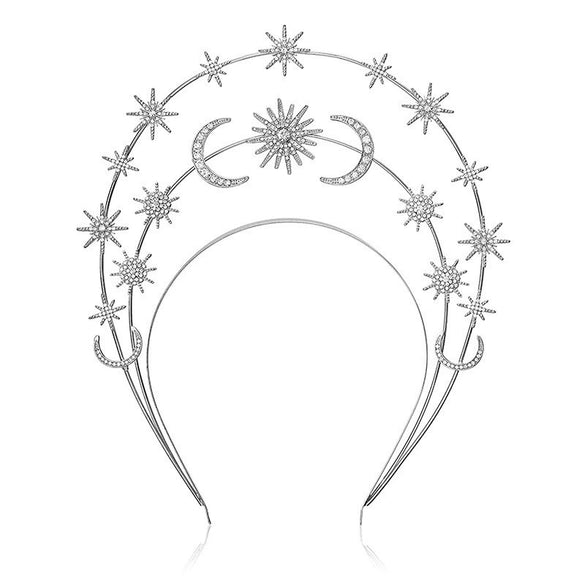 Handmade Metal Star Moon Crown Headband And Long Earrings For Women