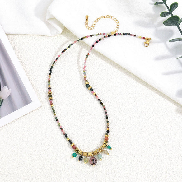 Handmade Mixed Color Tassel Natural Stone Nonfading Clavicle Chain Necklace For Women Stainless Steel Geometric Artificial Crystal