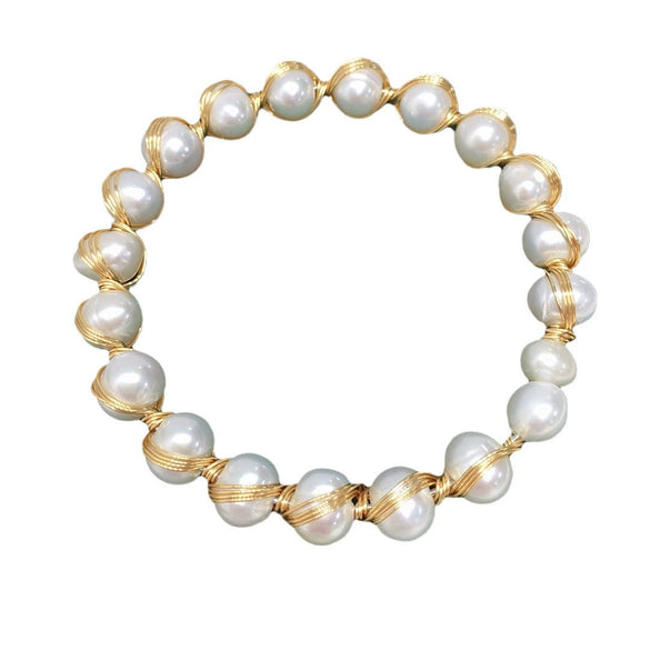Handmade Multibead Full String Natural Freshwater Pearl Bracelet In Silkwound Style Copper Alloy Nearly Round Women's
