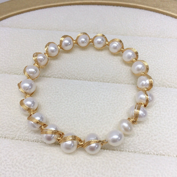Handmade Multibead Full String Natural Freshwater Pearl Bracelet In Silkwound Style Copper Alloy Nearly Round Women's