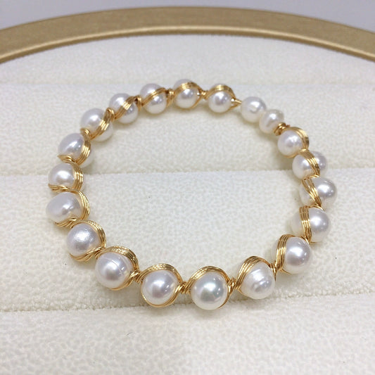 Handmade Multibead Full String Natural Freshwater Pearl Bracelet In Silkwound Style Copper Alloy Nearly Round Women's