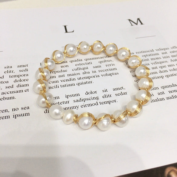 Handmade Multibead Full String Natural Freshwater Pearl Bracelet In Silkwound Style Copper Alloy Nearly Round Women's