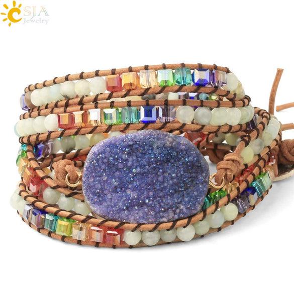 Handmade Multilayer Wrapped Leather Bracelet With Natural Crystal And Purple Druzy Quartz Irregular Beads For Unisex
