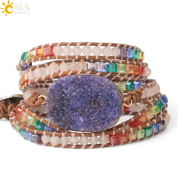Handmade Multilayer Wrapped Leather Bracelet With Natural Crystal And Purple Druzy Quartz Irregular Beads For Unisex