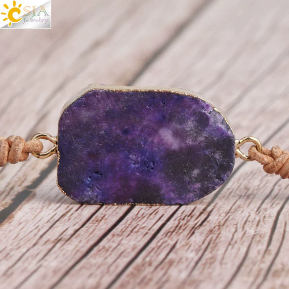 Handmade Multilayer Wrapped Leather Bracelet With Natural Crystal And Purple Druzy Quartz Irregular Beads For Unisex