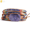 Handmade Multilayer Wrapped Leather Bracelet With Natural Crystal And Purple Druzy Quartz Irregular Beads For Unisex