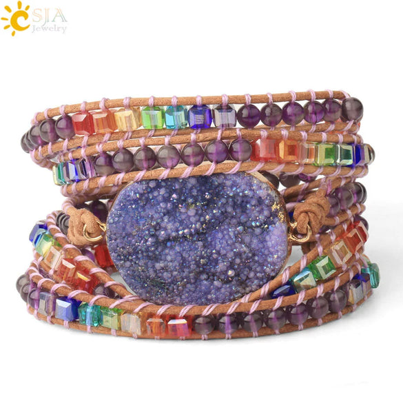 Handmade Multilayer Wrapped Leather Bracelet With Natural Crystal And Purple Druzy Quartz Irregular Beads For Unisex