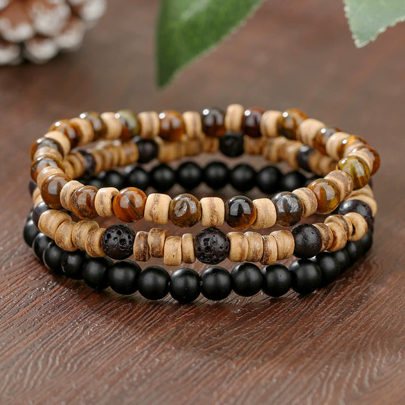 Handmade Multilayered Elastic Thread Bracelets With Wooden Beads Coconut Shell Agate For Unisex Retro Style