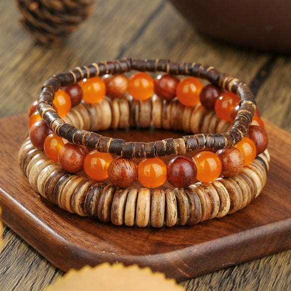 Handmade Multilayered Elastic Thread Bracelets With Wooden Beads Coconut Shell Agate For Unisex Retro Style