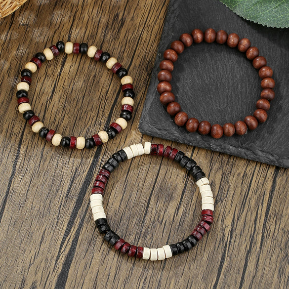 Handmade Multilayered Elastic Thread Bracelets With Wooden Beads Coconut Shell Agate For Unisex Retro Style