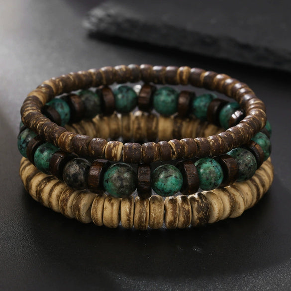 Handmade Multilayered Elastic Thread Bracelets With Wooden Beads Coconut Shell Agate For Unisex Retro Style