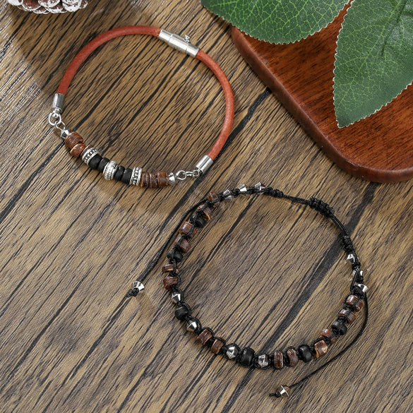 Handmade Multilayered Elastic Thread Bracelets With Wooden Beads Coconut Shell Agate For Unisex Retro Style