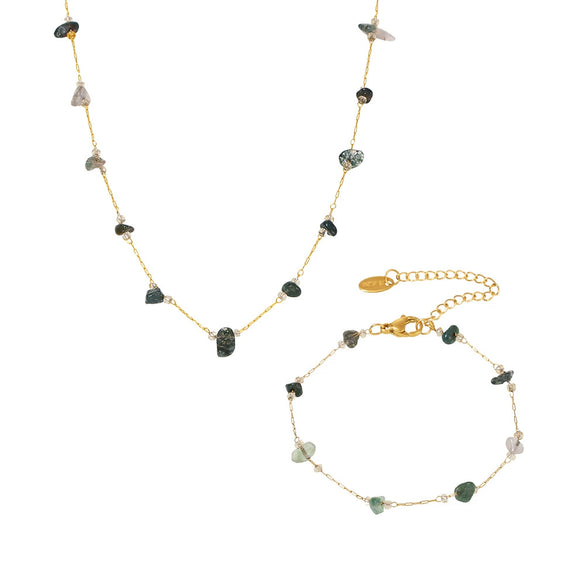 Handmade Natural Crushed Crystal Grass Green Necklace And Bracelet With Stainless Steel Chain And Electroplating