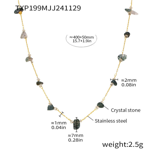Handmade Natural Crushed Crystal Grass Green Necklace And Bracelet With Stainless Steel Chain And Electroplating