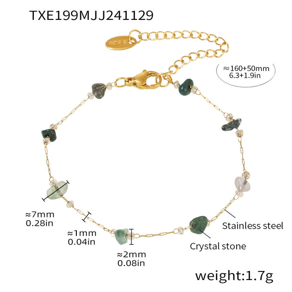 Handmade Natural Crushed Crystal Grass Green Necklace And Bracelet With Stainless Steel Chain And Electroplating