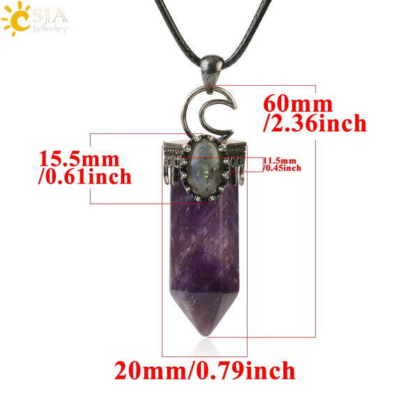 Handmade Natural Crystal Hexagonal Pyramid Pendant Necklace With Moonstone And Amethyst Ball Chain Unisex Jewelry