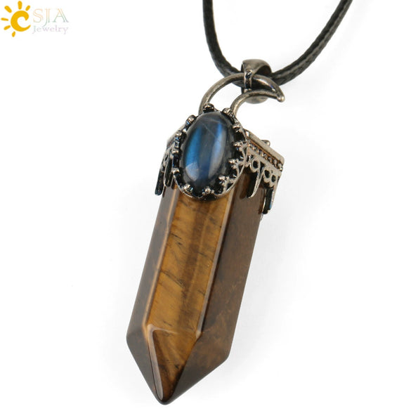Handmade Natural Crystal Hexagonal Pyramid Pendant Necklace With Moonstone And Amethyst Ball Chain Unisex Jewelry
